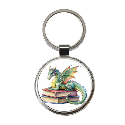Reading Dragon Laying On Top Books Watercolor Round Metal Keychain