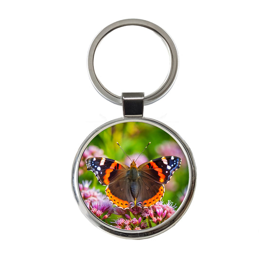 Red Admiral Butterfly Round Metal Keychain