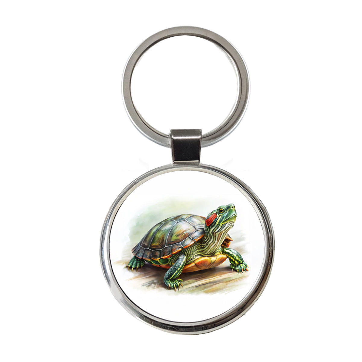 Red Eared Slider Turtle Watercolor Round Metal Keychain