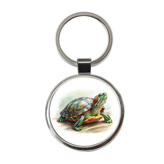 Red Eared Slider Turtle Watercolor Round Metal Keychain