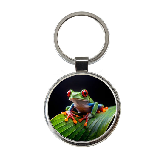 Red Eyed Tree Frog On Leaf Round Metal Keychain