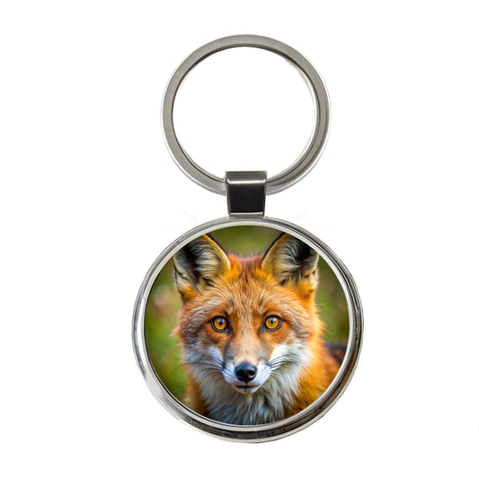 Red Fox Face Round Metal Keychain