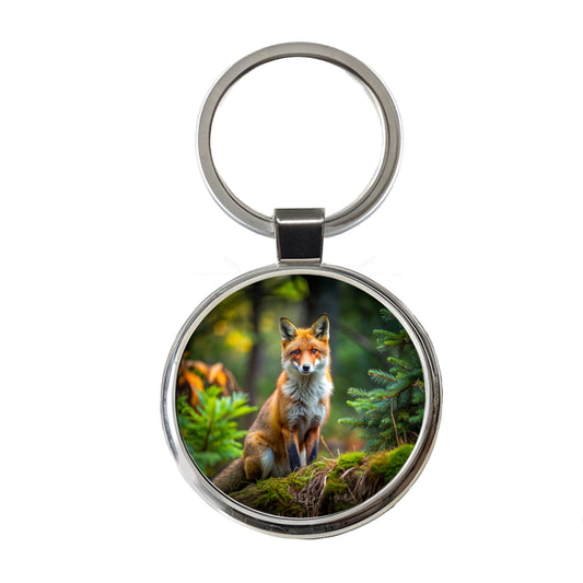 Red Fox In Forest Round Metal Keychain