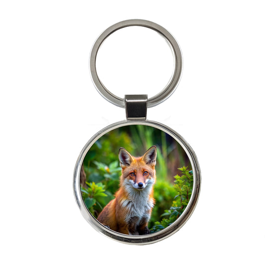 Red Fox Round Metal Keychain