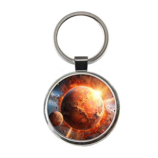 Red Planet Exploding in Space Sci-fi Round Metal Keychain