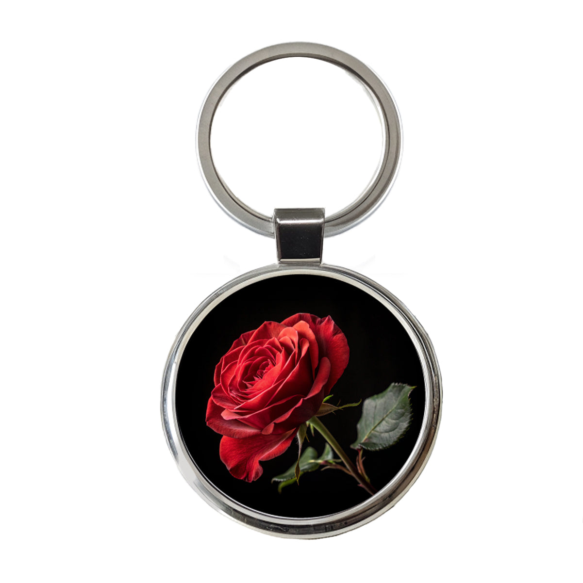 Red Rose On Black Background Round Metal Keychain