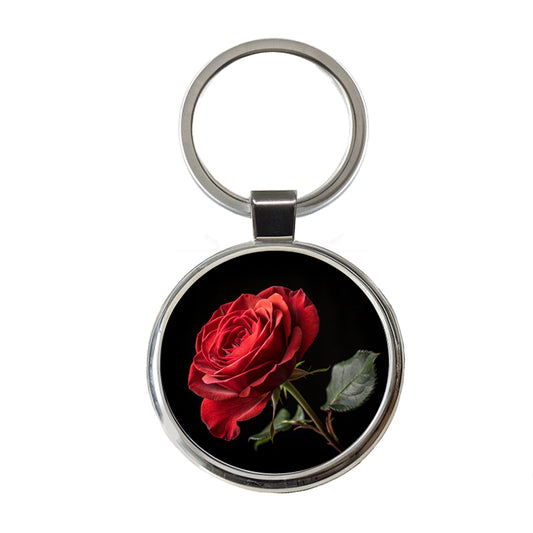 Red Rose On Black Background Round Metal Keychain