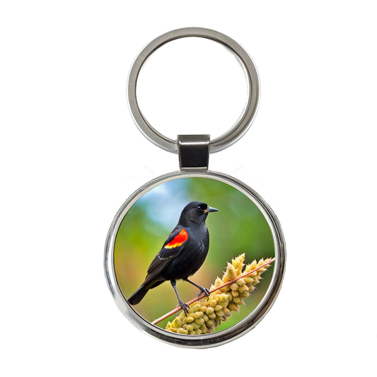 Red Winged Blackbird Backyard Bird Round Metal Keychain