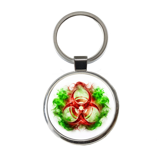 Red Zombie Outbreak Symbol With Green Toxic Gas Round Metal Keychain