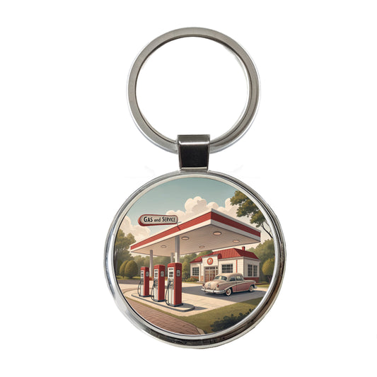 Retro Americana 1950's Gas Station Convenience Store Round Metal Keychain