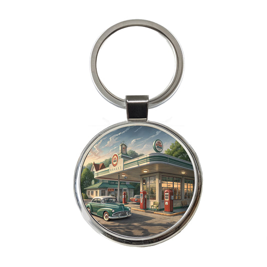 Retro Americana 1950's Main Street Gas Station Round Metal Keychain