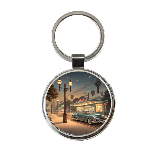 Retro Americana1950's Main Street Diner Round Metal Keychain