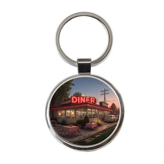 Retro Classic Roadside Dinner With Neon Sign Round Metal Keychain