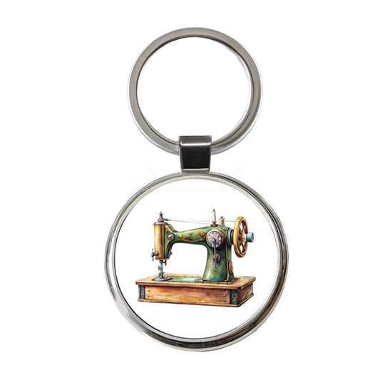 Retro Classic Sewing Machine Watercolor Round Metal Keychain