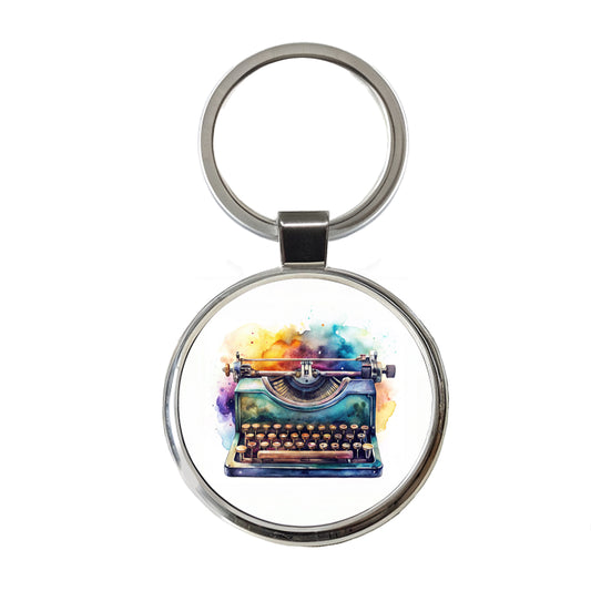 Retro Classic Typewriter Watercolor Round Metal Keychain
