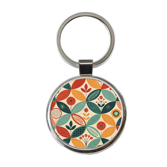 Retro Mid-Century Leaf Pattern Round Metal Keychain