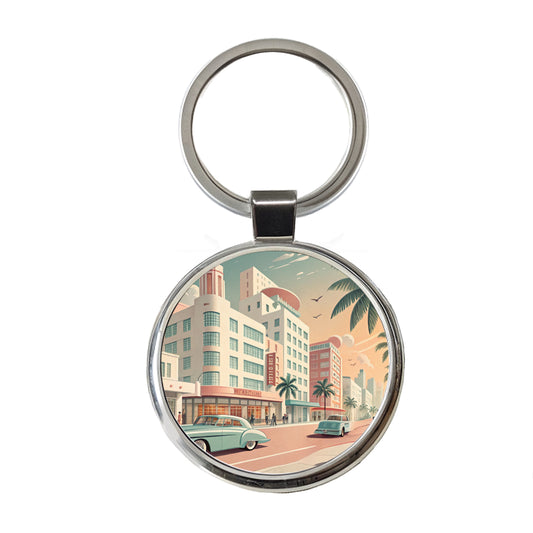 Retro Mid-Century Pastel Cityscape Round Metal Keychain