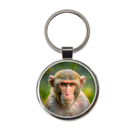 Rhesus Macaque Monkey Round Metal Keychain