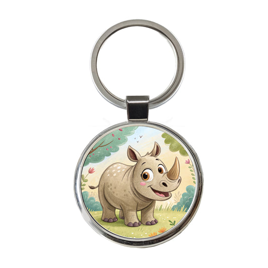 Rhinoceros Children's Illustration Style Round Metal Keychain
