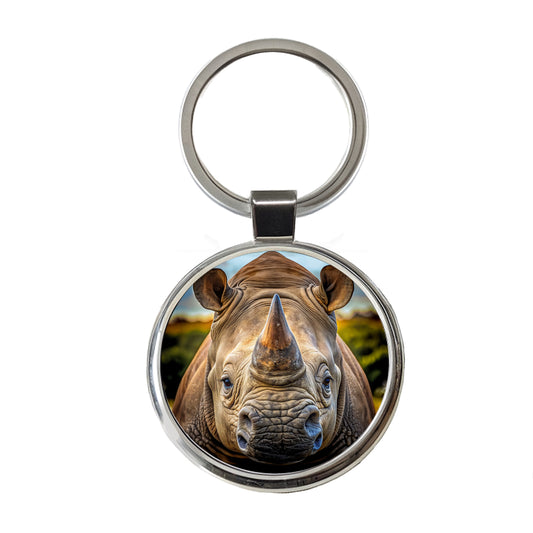 Rhinoceros Face Round Metal Keychain