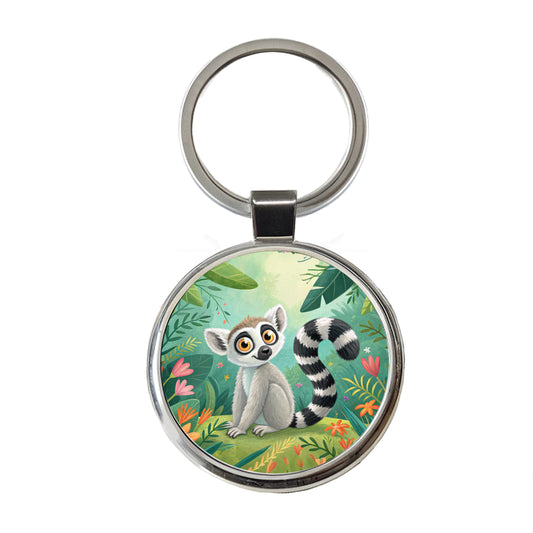 Ring-Tailed Lemur Children's Illustration Style Round Metal Keychain