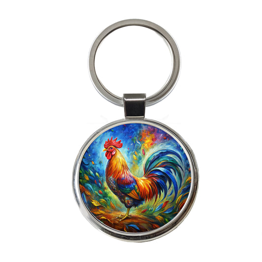 Rooster Abstract Art Round Metal Keychain