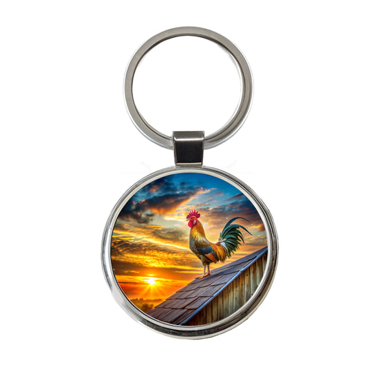 Rooster on Barn Roof At Sunrise Round Metal Keychain