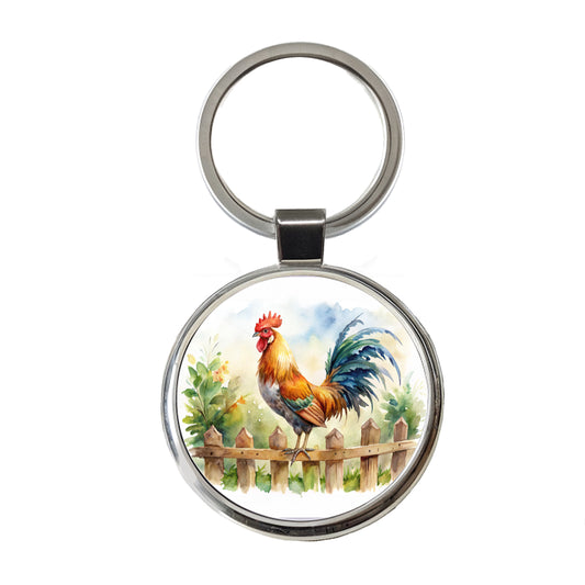 Rooster On Fence Watercolor Round Metal Keychain
