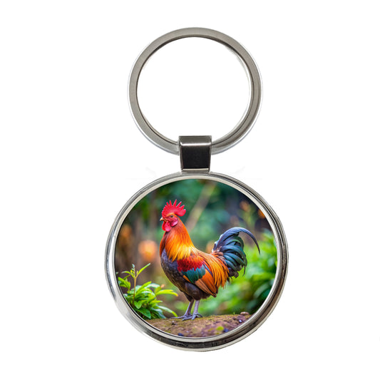 Rooster Round Metal Keychain
