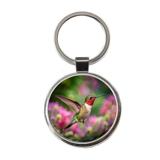 Ruby Throated Hummingbird Flying Backyard Bird Round Metal Keychain