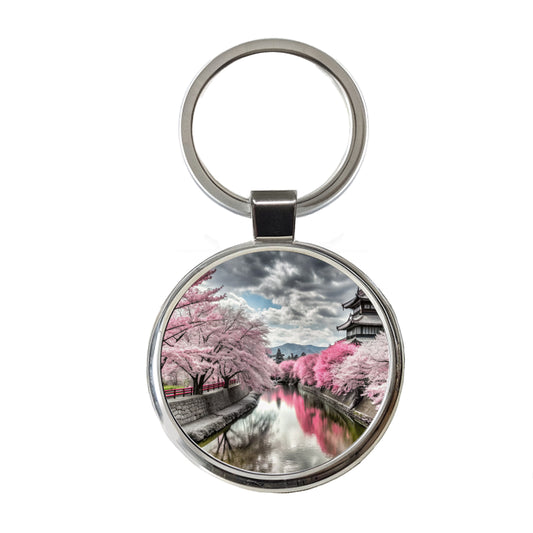 Sakura Trees Along River Japanese Scene Round Metal Keychain