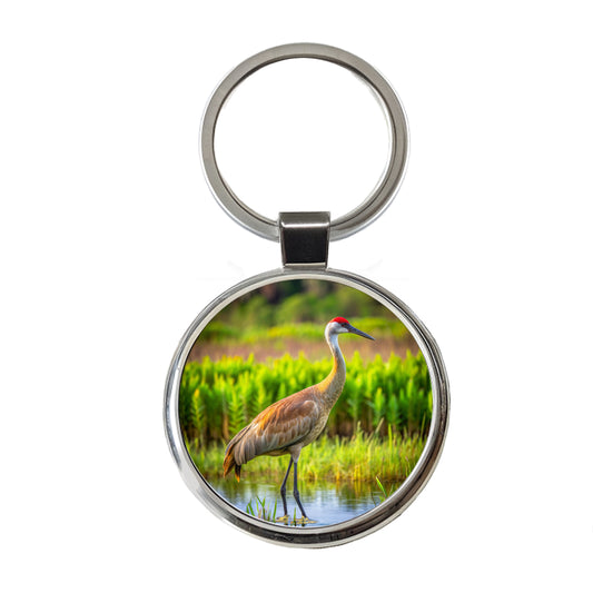 Sandhill Crane Round Metal Keychain