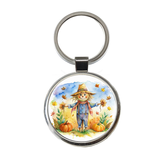 Scarecrow and Pumpkins Fall Watercolor Round Metal Keychain