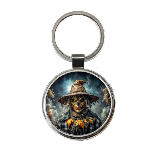 Scary Evil Scarecrow Black Watercolor Round Metal Keychain