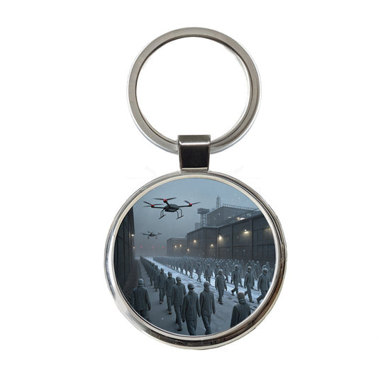 Sci-fi Futuristic Dystopian Society of Mindless Drones Round Metal Keychain