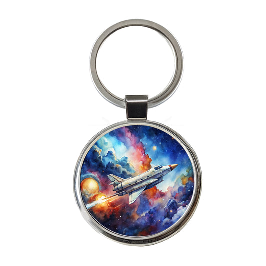 Sci-fi Military Transport Spaceship Watercolor Round Metal Keychain
