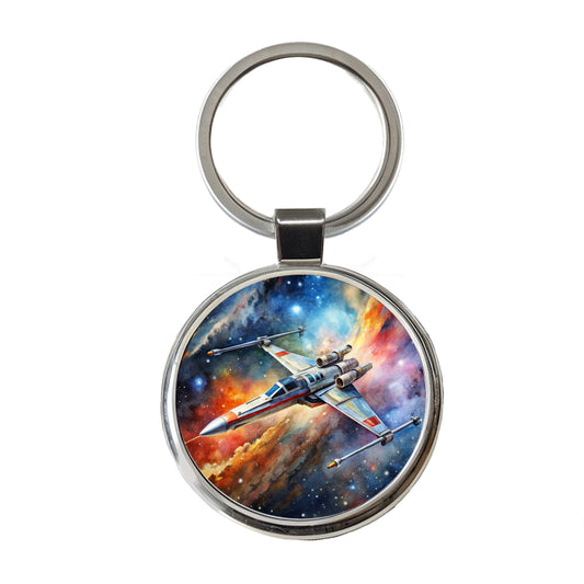 Sci-fi Space Starfighter Round Metal Keychain