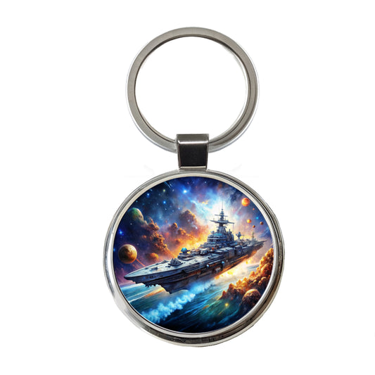 Sci-fi Space Warship Battleship Round Metal Keychain