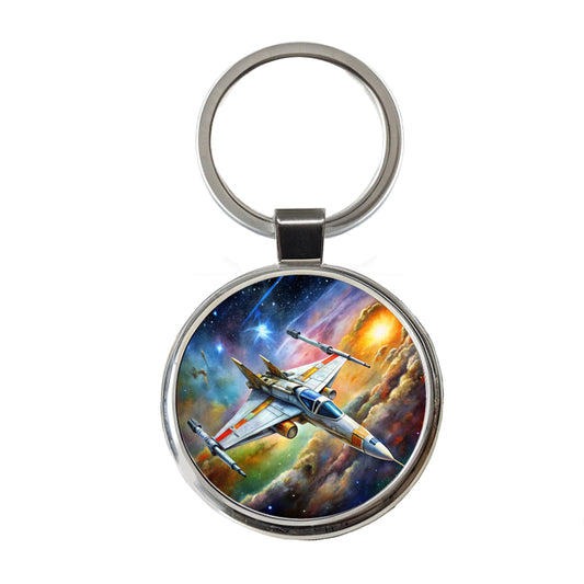 Sci-fi Starfighter Spaceship on Patrol Round Metal Keychain