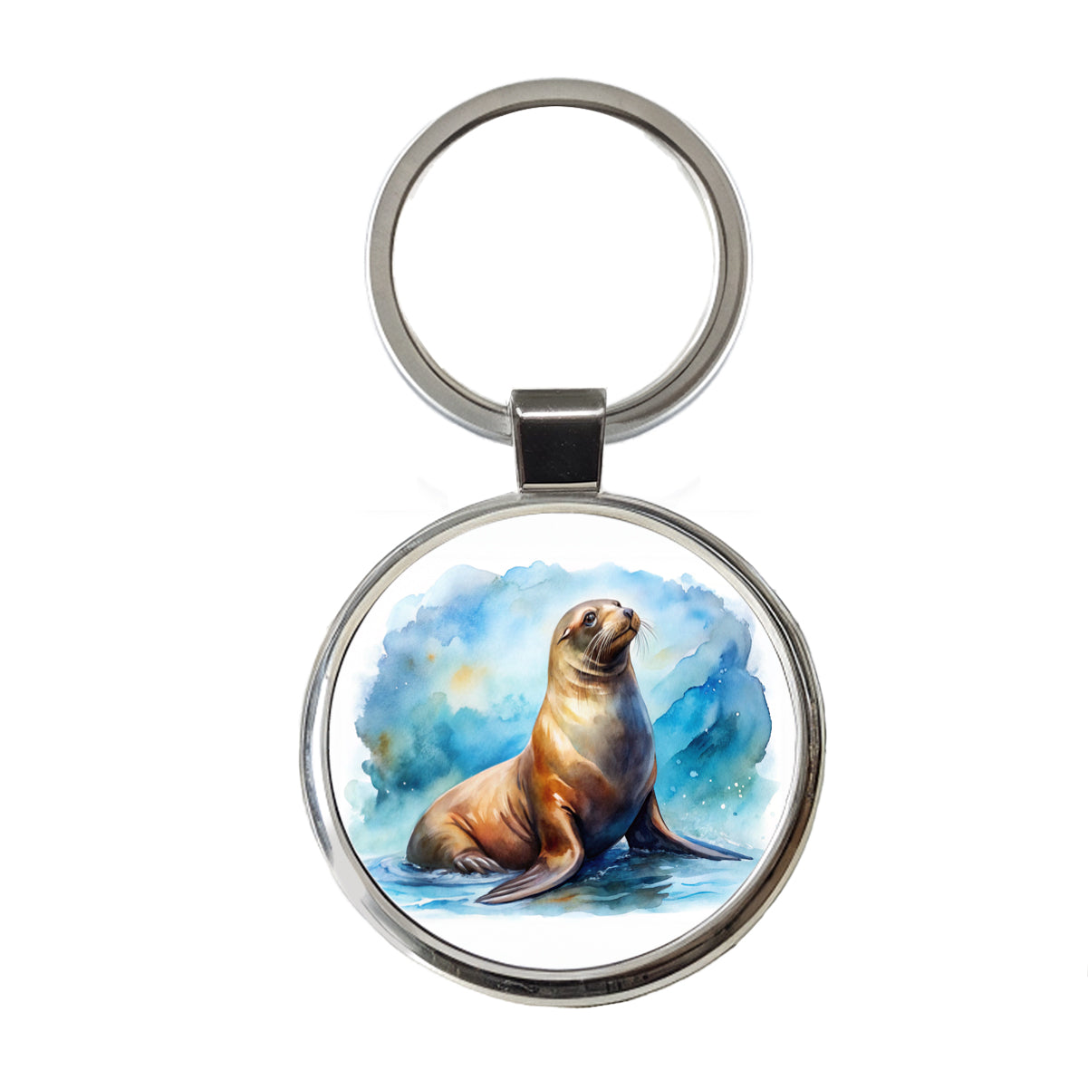 Sea Lion Watercolor Round Metal Keychain