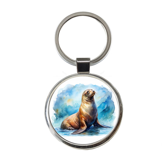 Sea Lion Watercolor Round Metal Keychain