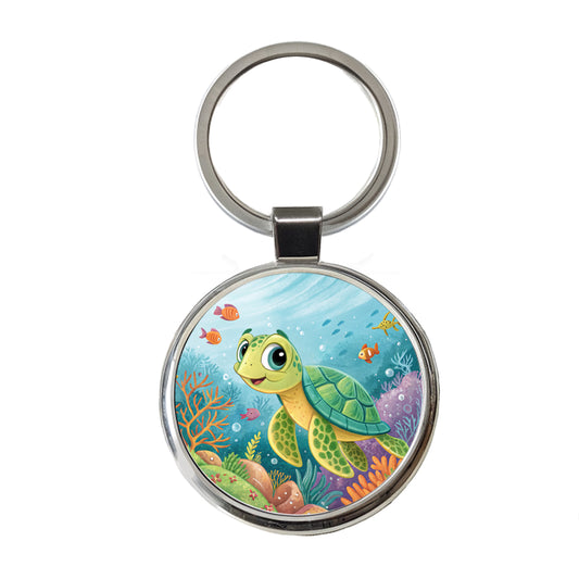 Sea Turtle Children's Illustration Style Round Metal Keychain