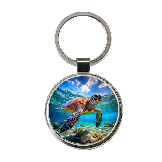 Sea Turtle Round Metal Keychain