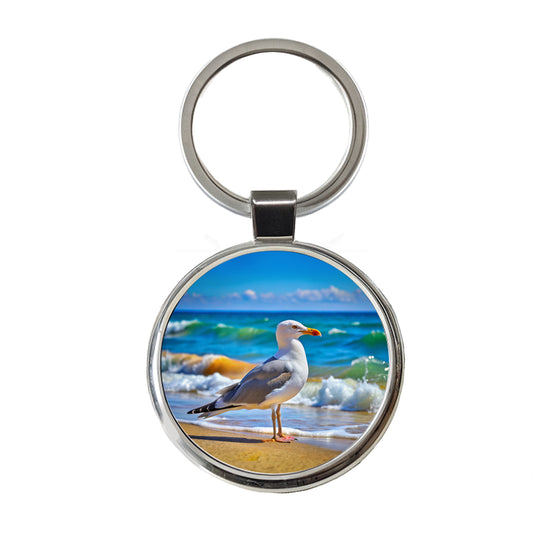 Seagull On Beach Round Metal Keychain