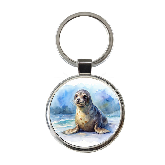 Seal Watercolor Round Metal Keychain