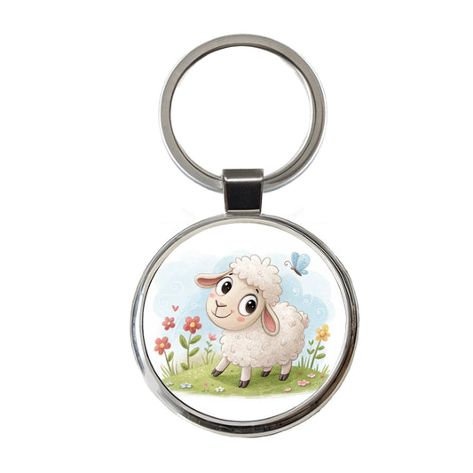 Sheep Lamb Children's Illustration Style Round Metal Keychain