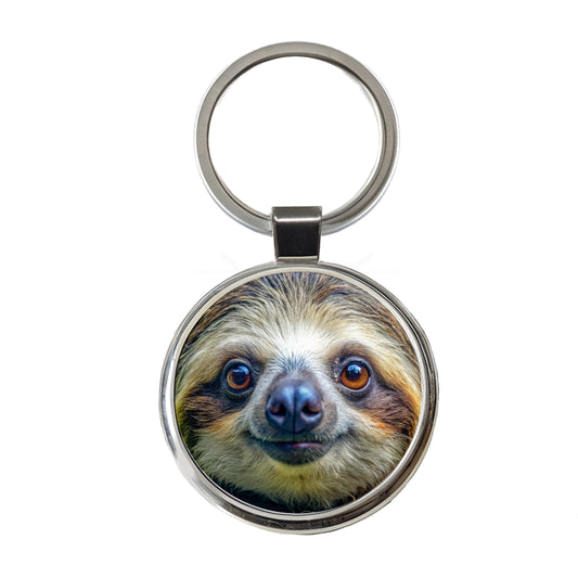 Sloth Face Round Metal Keychain