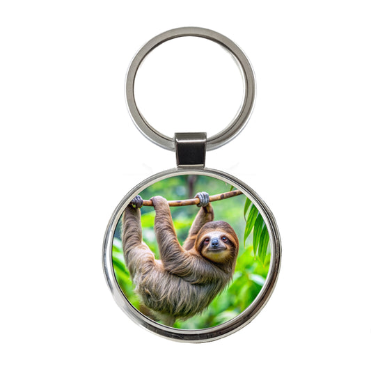 Sloth Hanging From Branch Round Metal Keychain