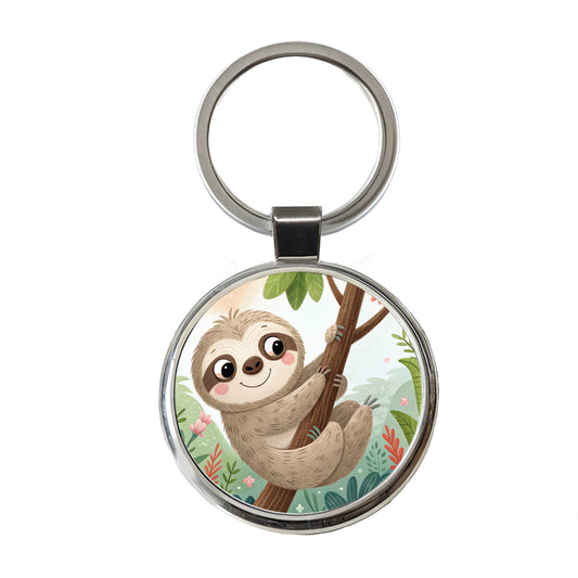 Sloth on Tree Children's Illustration Style Round Metal Keychain