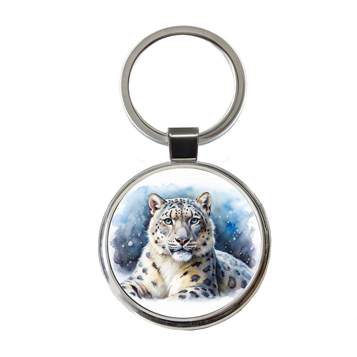 Snow Leopard Watercolor Round Metal Keychain